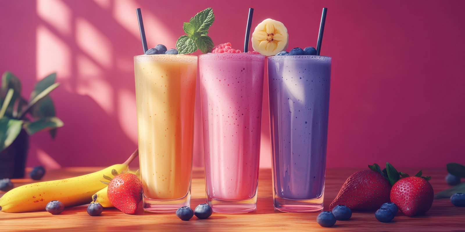 Colorful smoothie drinks served in tall glasses with fresh fruits on a wooden table